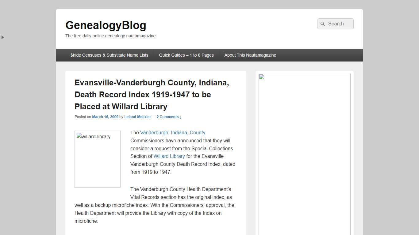 Evansville-Vanderburgh County, Indiana, Death Record Index 1919-1947 to be Placed at Willard Library – GenealogyBlog